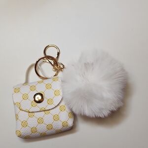 White and Gold Patterned Keychain Pouch with Pom Pom